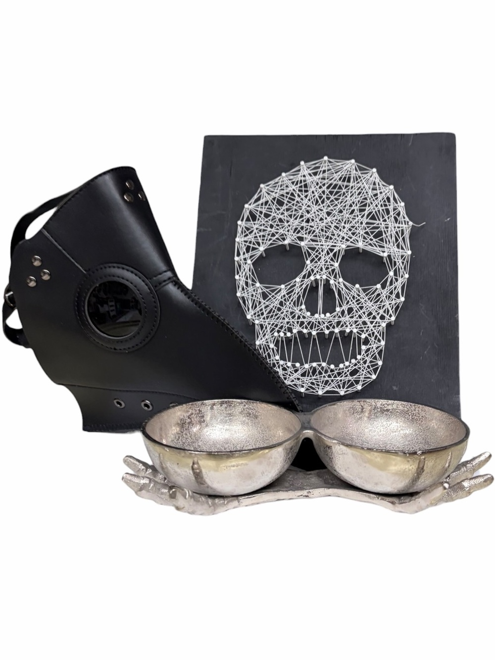3 Piece Gothic Halloween Decor Bundle Skull String Art Plague Mask Dip Bowls